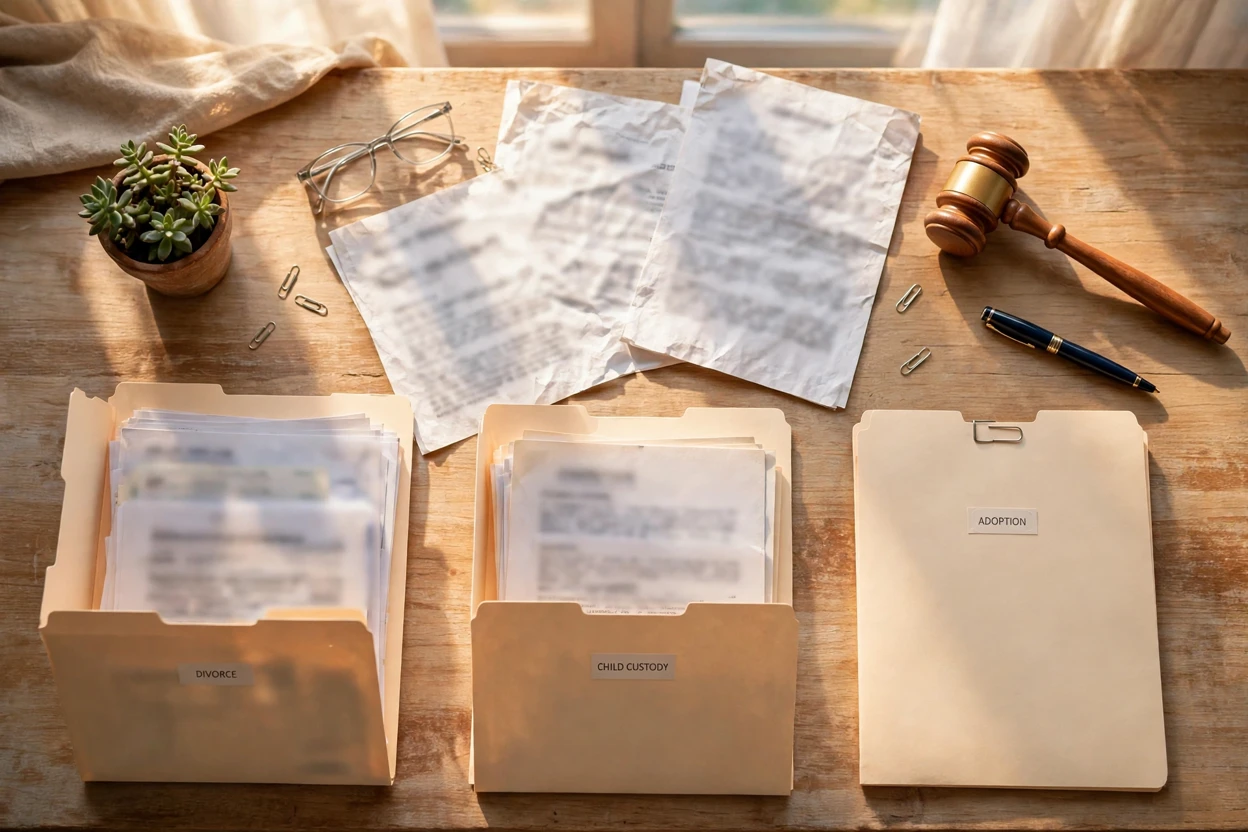 Types of family law cases including divorce, custody and adoption